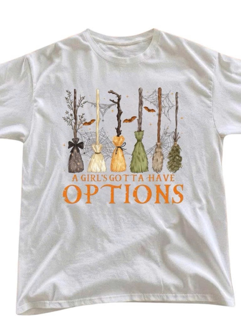 Gildan Shirt White 'A Girl's Gotta Have Options' Halloween Broom T-Shirt